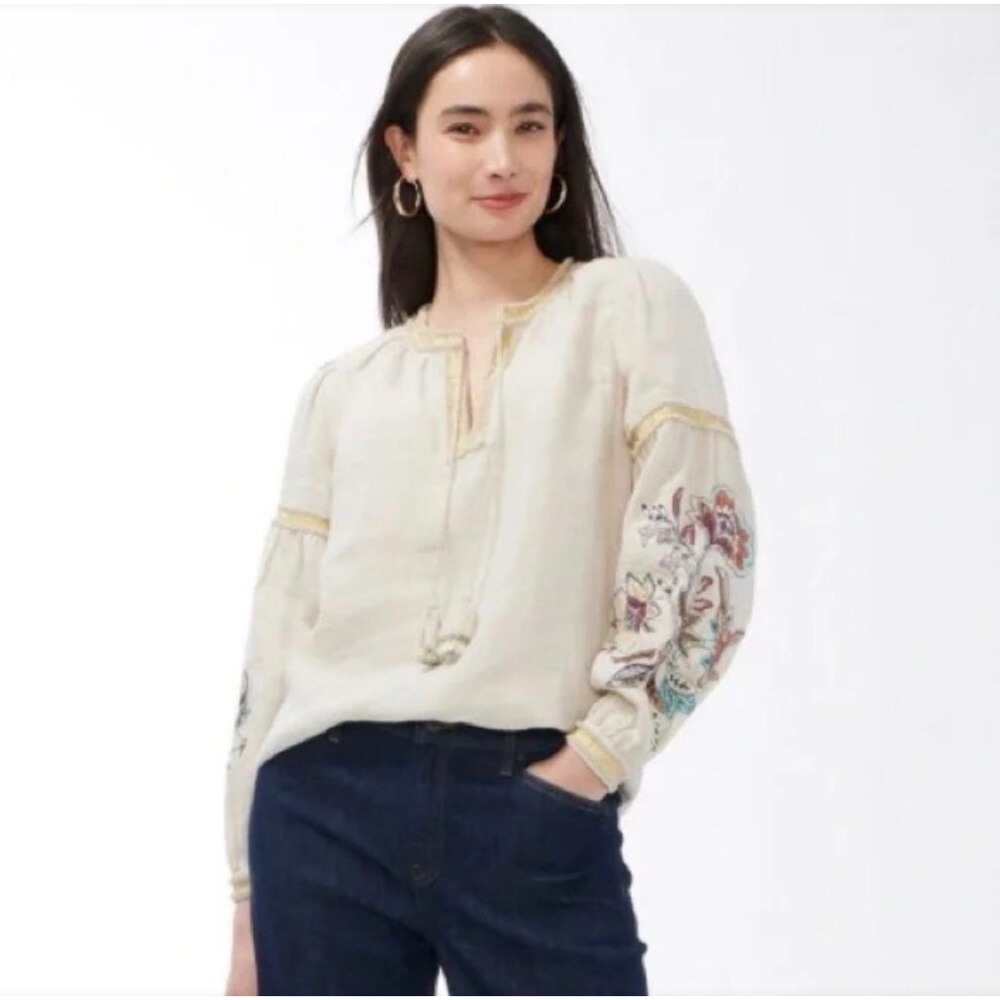 Chico's Linen Boho Floral Embroidered Blouse Womens 2/L/12 Beige Gold Tassel Top